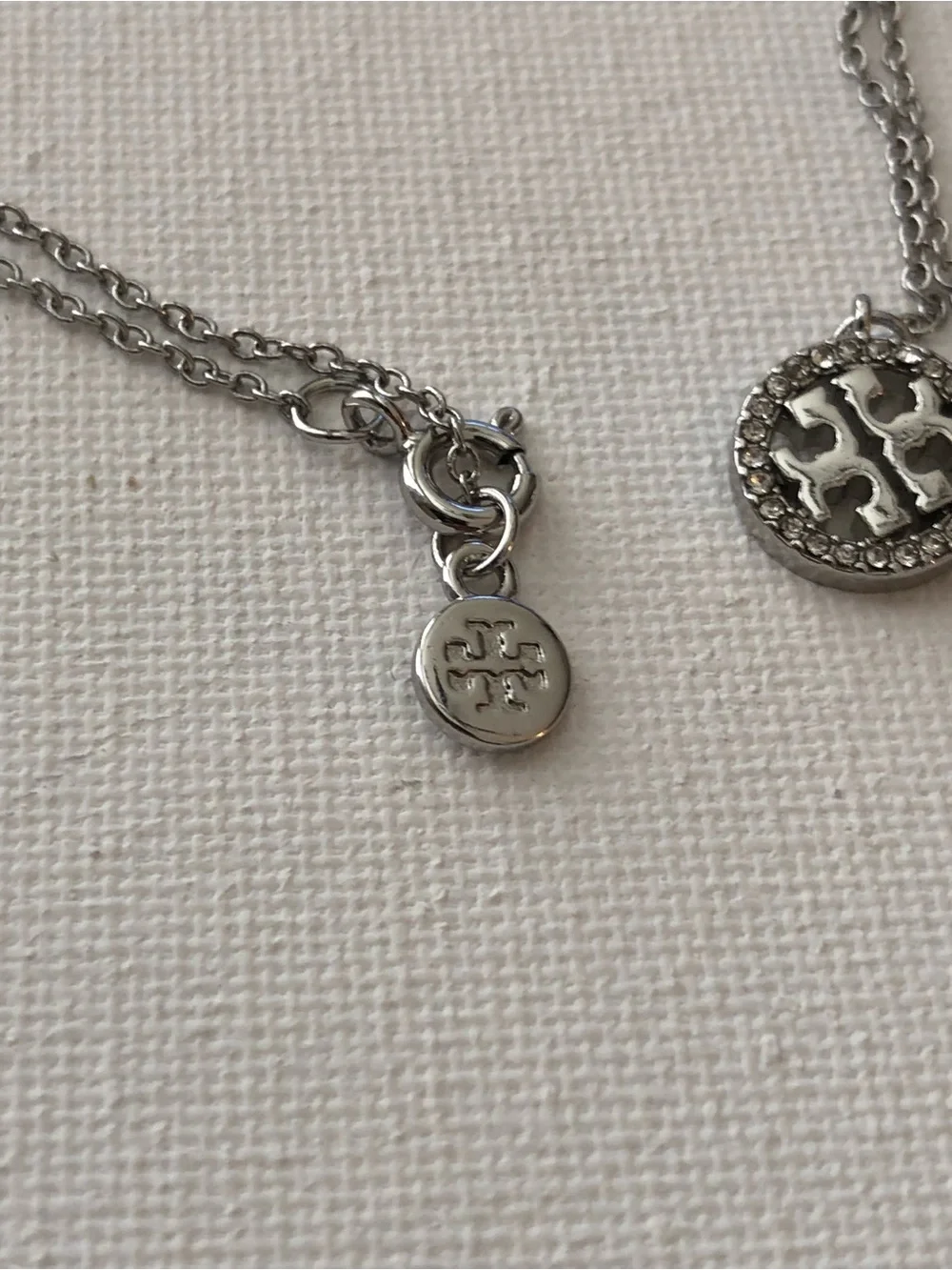 Tory Burch Silver Logo Crystal Circle Necklace